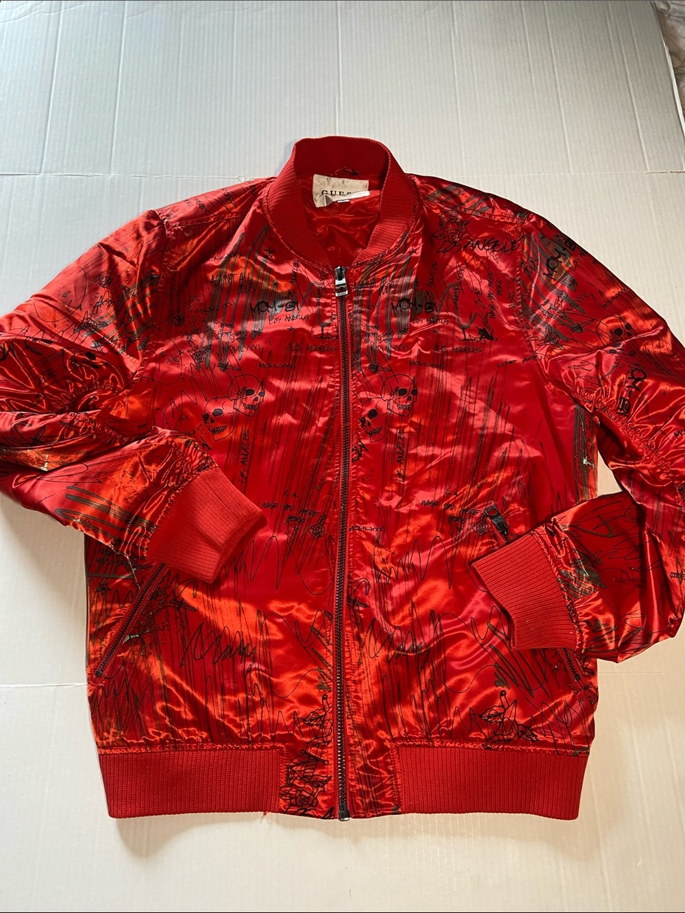 Guess Mens Alpine Graffiti Satin Bomber Jacket NWOT
